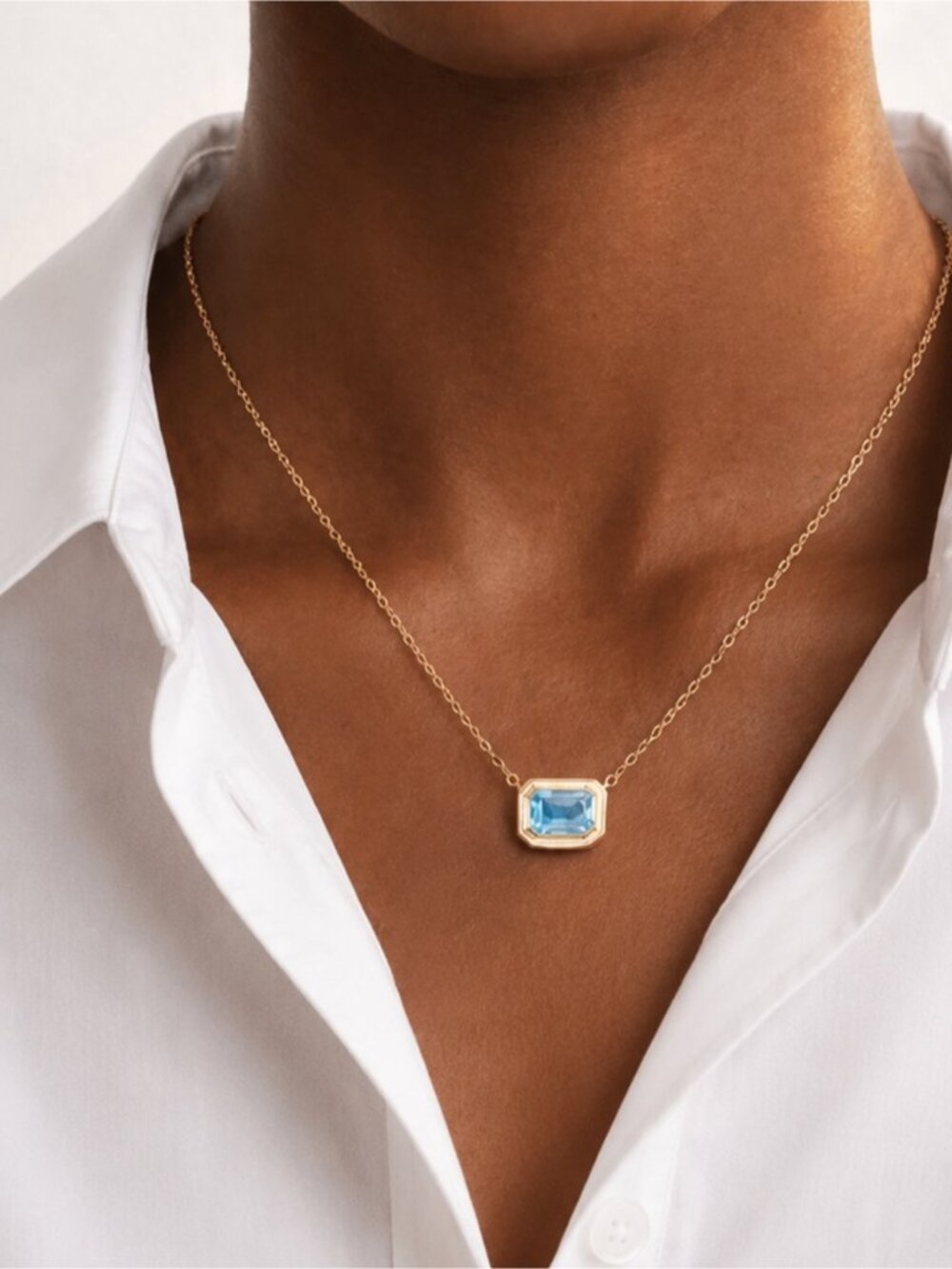 New! Ocean Blue Stone Pendant  Gold Chain Necklace